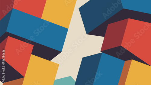 Dynamic geometric abstract composition with vibrant colors and 3D shapes creates a modern design aesthetic perfect for diverse applications