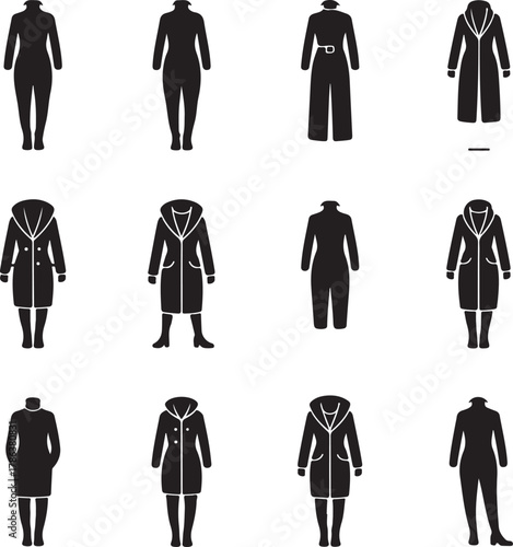 Collection of women's fashion silhouettes: coats, jumpsuits, and dresses for style icons Vector