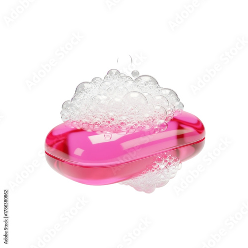Pink bar of soap with foam bubbles hygiene body cleaning supply product element