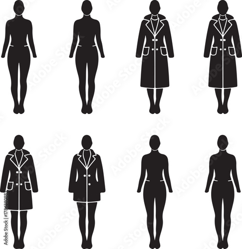 Female body silhouettes and coat fashion icons for clothing design and templates Vector