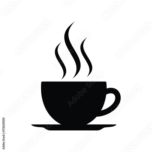 Black silhouette of steaming coffee cup on saucer white