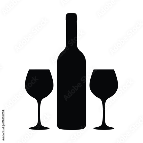 Black silhouette of wine bottle and two wine glasses