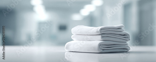 Freshly folded towels, pristine white. Symbolizes cleanliness, luxury, and hospitality. Ideal for hotel, spa, or laundry service promotions. Serene and inviting scene.