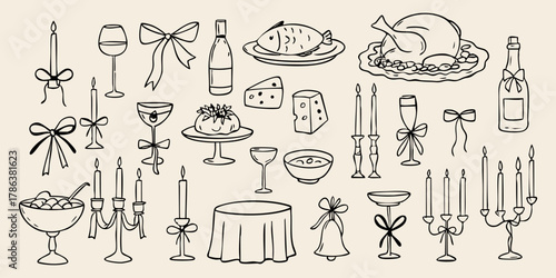 Hand drawn Christmas dinner doodle set with candles, glasses, champagne, turkey, cheese, and bows. Black line art on beige background, perfect for festive design