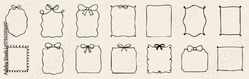 Collection of hand drawn decorative frames with bows, ribbons, and curly outlines. Minimal black line art on beige background, perfect for invitations and cards