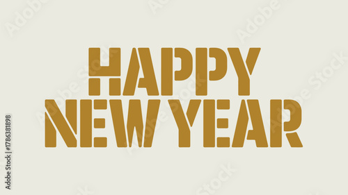 Happy new year" modern bold gold geometric typography greeting card design on a clean light background for festive celebrations and digital messages.