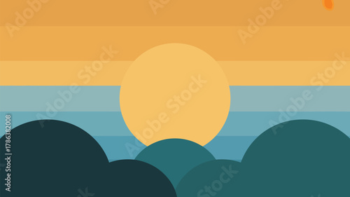 Abstract minimalist sunset landscape with a large yellow sun, horizontal color stripes in the sky and ocean, and rounded dark hills below.