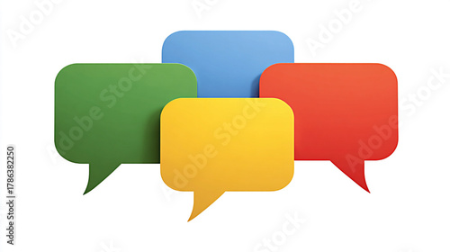 Colorful group chat icon featuring four speech bubbles in green, blue, yellow, and red, arranged in a cluster, symbolizing communication and interaction in digital conversations