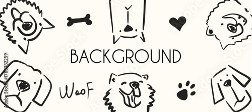 Background with portraits of dogs. Poster with funny hand drawn pets. Card with animals. 