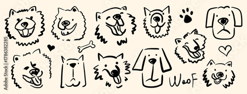 Doodle style funny dogs set. Hand drawn different doggy faces and expressions. Cute vector pets collection.