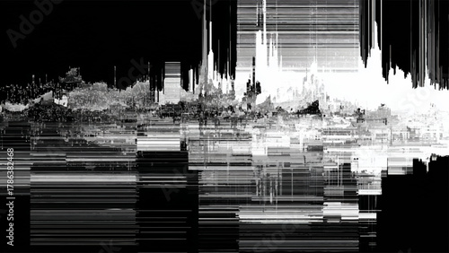 Abstract pixelated city skyline data error monochrome graphic background.