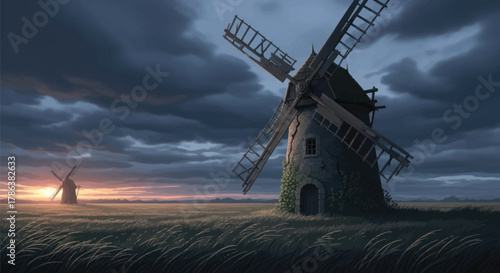 Ancient stone windmills stand sentinel over golden fields as dramatic twilight clouds gather, evoking a sense of timeless rural beauty and approaching change.