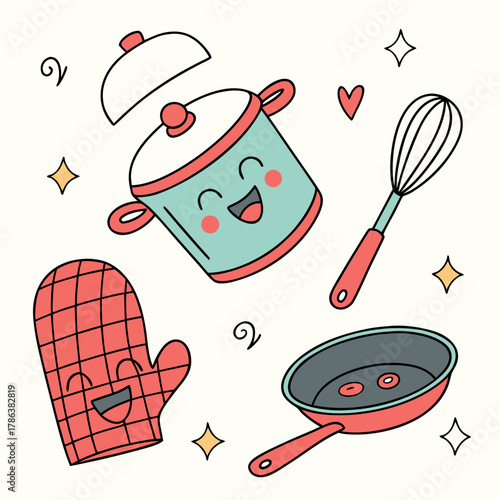 Cheerful kitchen utensils cartoon illustration pot, pan, whisk, and oven mitt with smiling faces and cute details for cooking fun
