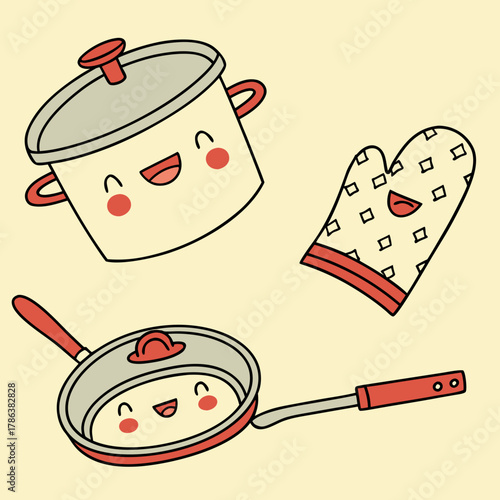Charming kitchenware cartoon pot, pan, and oven mitt with sweet smiles for cooking joy and culinary delight in a playful style