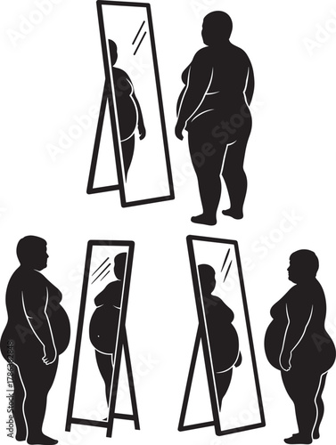 Obese figures reflected in mirrors silhouette