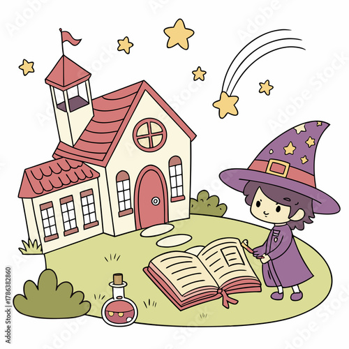 A cute little witch is casting spells from a spellbook in front of a magic school, with stars and potion