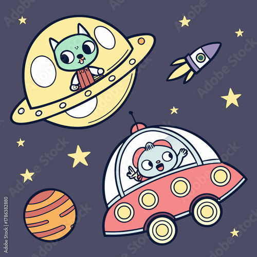 A playful cartoon illustration featuring cute alien animals piloting spaceships amidst stars and planets, set against a dark blue background, vector style