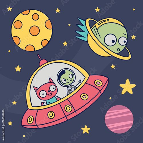 A whimsical cartoon illustration showcasing alien animals in spaceships surrounded by planets and stars, set against a dark blue backdrop, vector style