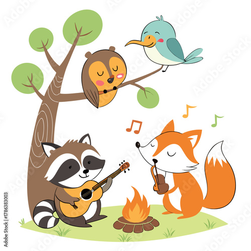 A charming woodland gathering features a raccoon playing guitar, a fox with a wind instrument, and an owl and bird perched on a tree, all by a cozy campfire