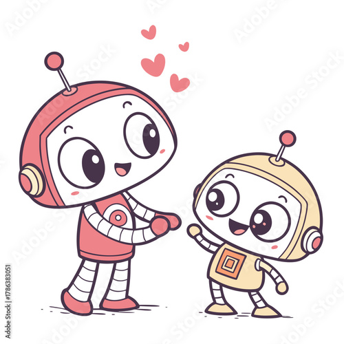 Two cute robots are in love, a pink robot is on the left, and a yellow robot is on the right