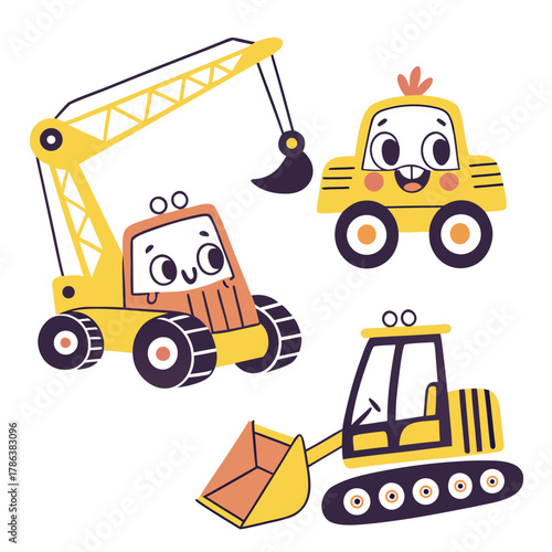 Cheerful cartoon construction vehicles, including a crane, bulldozer, and dump truck, perfect for childrens illustrations