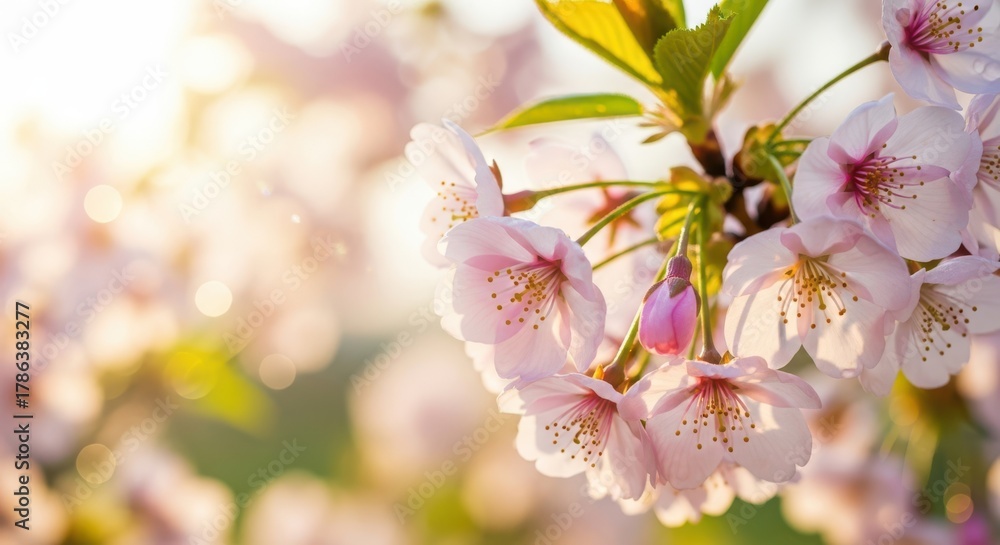 Fototapeta premium Cherry blossom flower branch in soft sunlight
