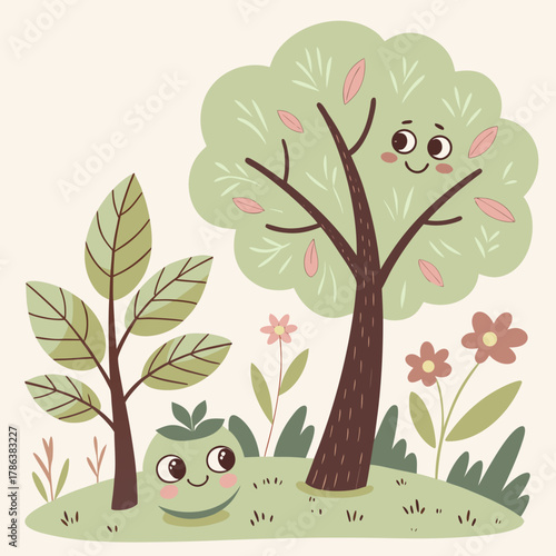 A charming scene unfolds with a smiling tree, a sapling, and a cheerful tomato character amidst flowers and greenery, all set against a soft, inviting backdrop
