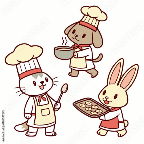 A delightful scene showcases a cat, dog, and rabbit donned in chef hats and aprons, each joyfully presenting their culinary creations