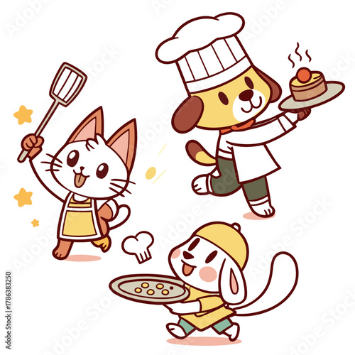 A whimsical illustration features a cat, dog, and rabbit dressed as chefs, each proudly displaying their culinary creations
