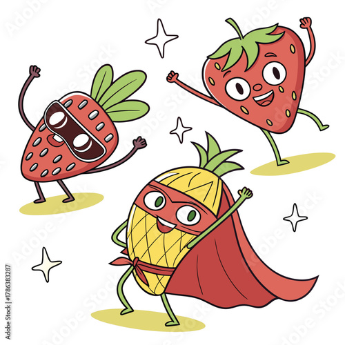 Joyful fruit superhero cartoon characters strawberry and pineapple having fun on a light background with stars, ready to save the day