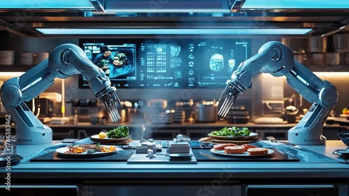 Futuristic Kitchen - Robotic Arms Preparing Gourmet Meals in a High-Tech Setting.