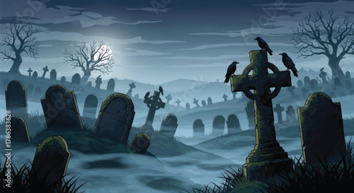 Eerie graveyard scene under a full moon with mist rolling through ancient tombstones and crows perched ominously.