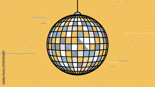 Vibrant illustrated disco ball with reflective squares hanging from above, bringing a retro party atmosphere and festive celebration event.