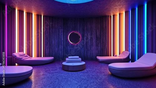 Futuristic Relaxation Room with Neon Lights and Lounge Chairs.