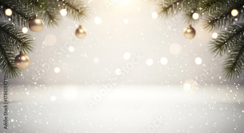 Elegant festive winter holiday background with sparkling snow, green fir branches, and golden baubles, perfect for seasonal celebrations and joyful greetings