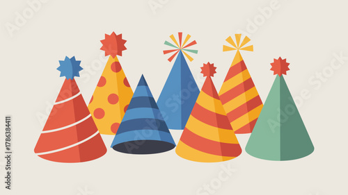 A festive collection of colorful flat design party hats with pom poms and stripes arranged in a playful group on a light background