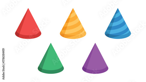 A vibrant collection of five colorful cone shaped party hats in red orange yellow blue and green arranged in a playful pattern for celebrations