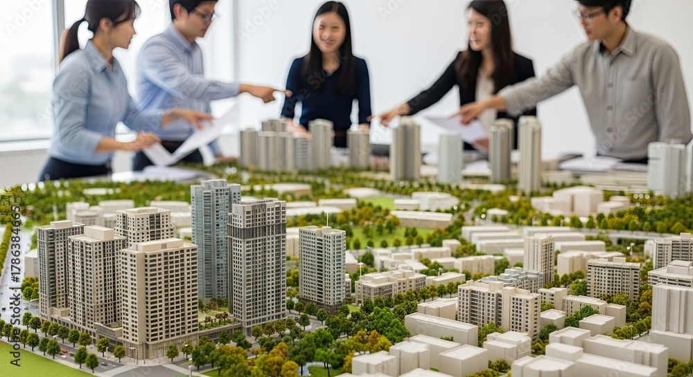 Fototapeta premium Diverse Professionals Collaborating on an Urban Planning Architectural Model Project