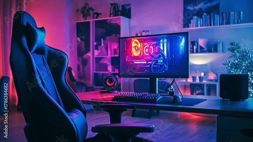 Immersive Gaming Setup - Neon Lights and High-Tech Gear for Ultimate Experience.