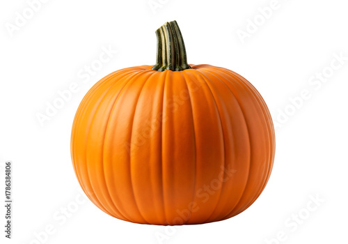 A classic smooth, round, orange pumpkin with a curved green stem, ready for autumn. Isolated on transparent background, png