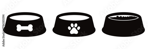 Dog Food Bowl and Pet Plate Vector Set — Pet Care, Veterinary, and Animal Feeding Icon Illustration