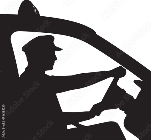 A driver in a uniform hat holds a steering wheel inside a vehicle silhouette