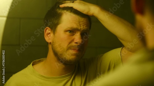Worried young man looking in mirror, anxiously checking his hairline for signs of thinning hair and male pattern baldness, feeling insecure and stressed about his appearance. Man checking his hairline