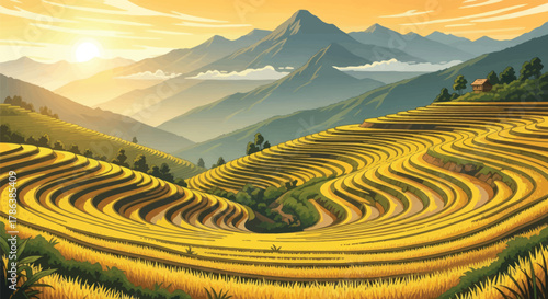 Golden rice terraces cascade down lush green mountains under a warm, hazy sunrise, evoking tranquility and natural beauty.