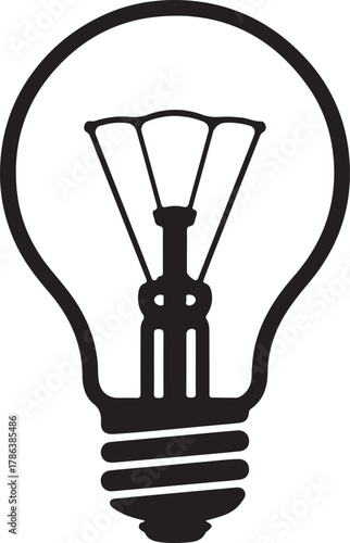 An incandescent light bulb displays its filament and connecting components in silhouette on white