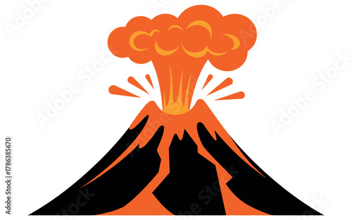 Fiery volcano erupting with vibrant orange lava and smoke clouds against a white background