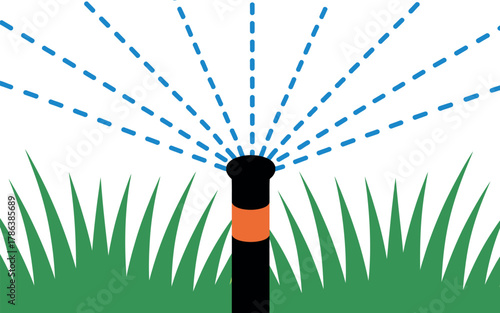 Sprinkler system watering green grass on a bright sunny day