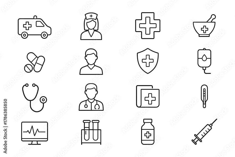Fototapeta premium Medical Line Icons Set — Healthcare, Doctors, and Hospital Equipment