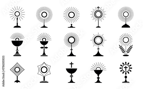 Collection of religious monstrances and chalices, symbols of Catholic faith and communion