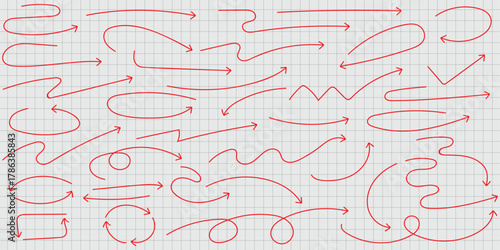 A variety of red hand drawn arrows on a grid paper background pointing in different directions shown